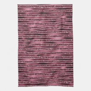 Glam Burgundy Red Rose Blush Glitter Stripes      Kitchen Towel