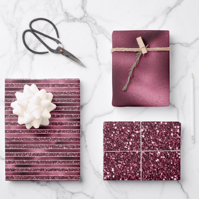Glam Burgundy Red Rose Blush Glitter Stripes   Wrapping Paper Sheet (Front)