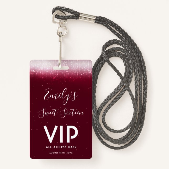 Glam Burgundy Sweet 16 Invitation Carte VIP Badge (Devant avec lanière)