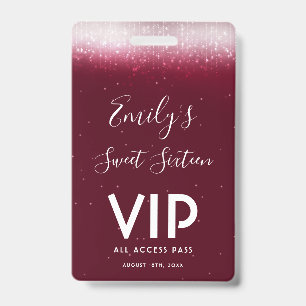 Glam Burgundy Sweet 16 Invitation VIP Pass Badge