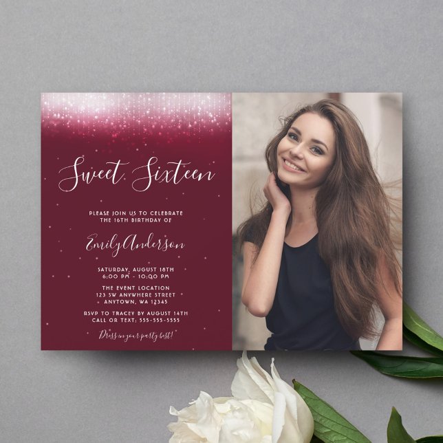Glam Burgundy Sweet 16 Photo Invitation (Creator Uploaded)