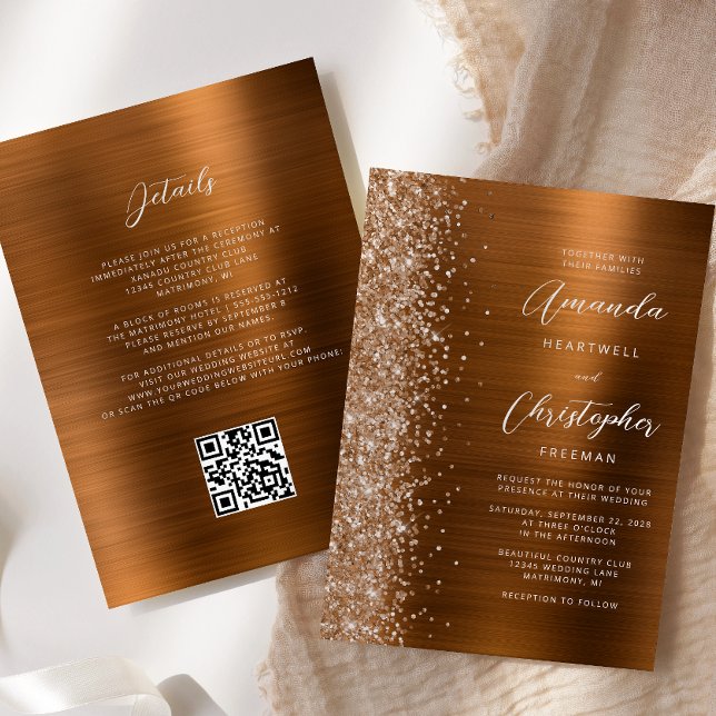 Glam Burnt Orange Brushed Metal QR Code Wedding Invitation (Creator Uploaded)