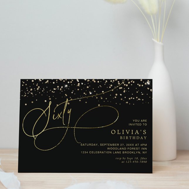 Glam Calligraphy Black Gold Confetti 60th Birthday Invitation (Creator Uploaded)