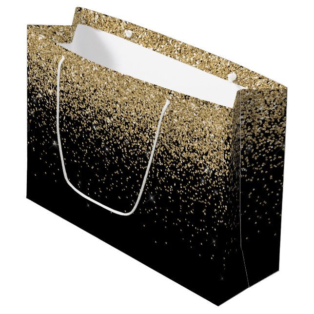 Glam Cascades of Gold Glitter Black Background Large Gift Bag (Front Angled)