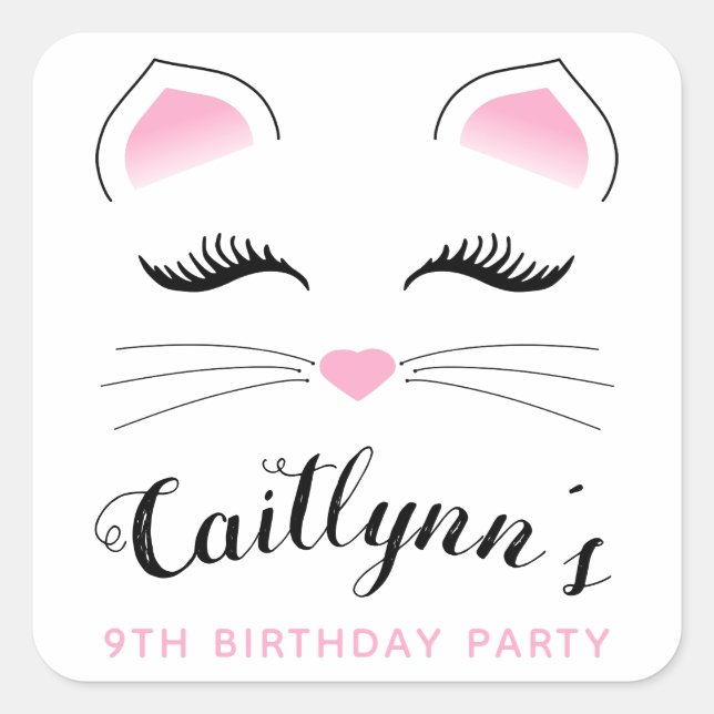 Glam Cat Birthday Party Square Sticker (Front)