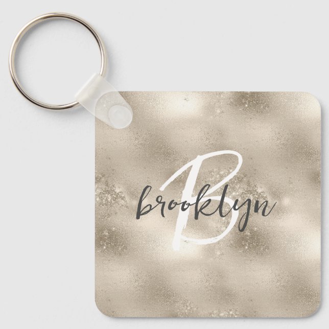 Glam Champagne Gold Glitter Sparkle Monogram  Keychain (Front)