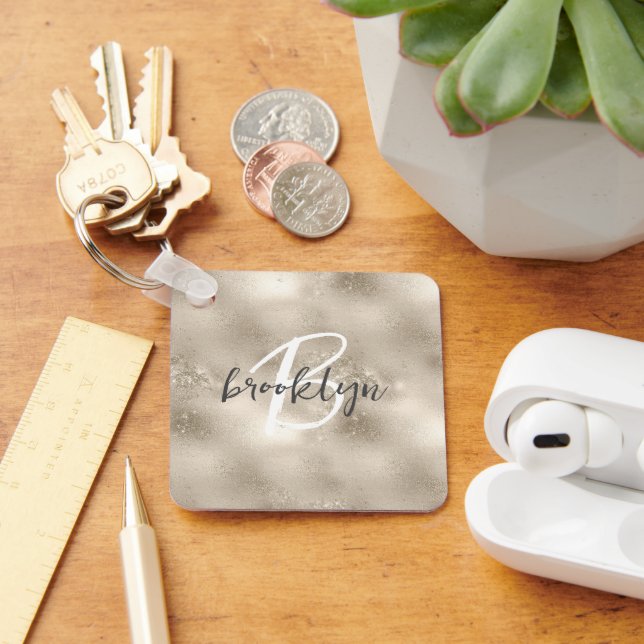 Glam Champagne Gold Glitter Sparkle Monogram  Keychain (Desk)