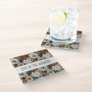 Glam Champagne Gold Red White Flowers Glass Coaster