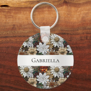 Glam Champagne Gold Red White Flowers Keychain
