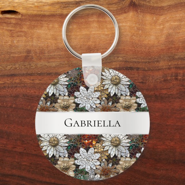 Glam Champagne Gold Red White Flowers Keychain (Front)