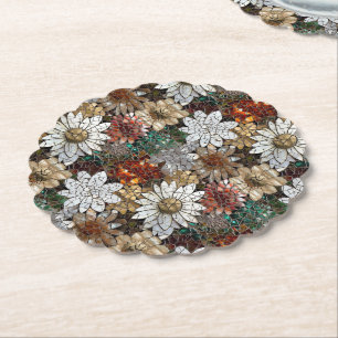 Glam Champagne Gold Red White Flowers Paper Coaster