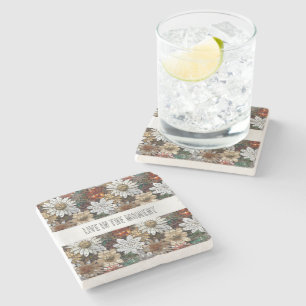 Glam Champagne Gold Red White Flowers Stone Coaster