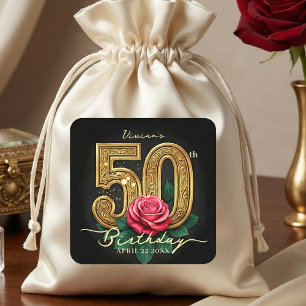 Glam Chic Black Gold Red Rose Floral 50th Birthday Square Sticker