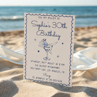 Glam Chic Blue Martini Glass 30th Birthday Invitation
