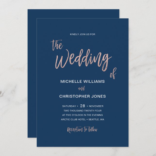 Glam Chic Navy & Rose Gold Wedding Invitation Card (Front/Back)