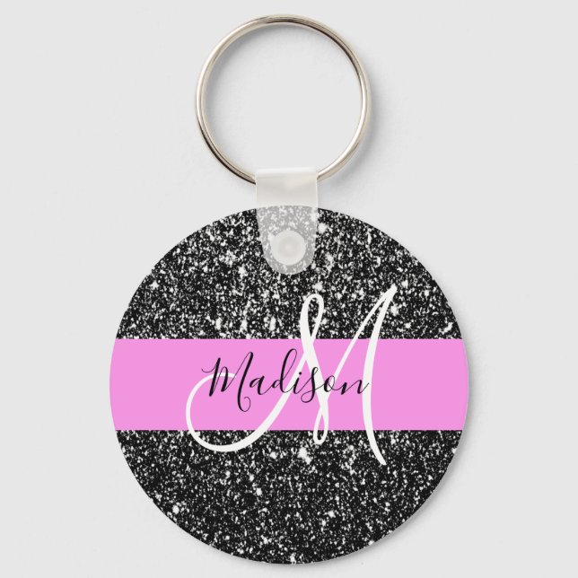 Glam Chic Pink Black Glitter Sparkle Name Monogram Keychain (Front)