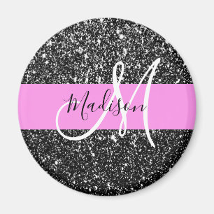 Glam Chic Pink Black Glitter Sparkle Name Monogram Magnet