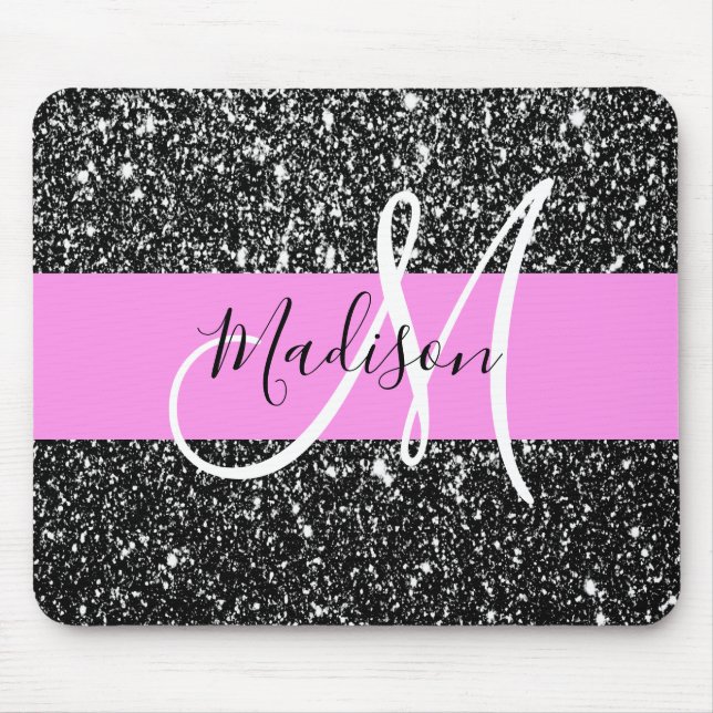 Glam Chic Pink Black Glitter Sparkle Name Monogram Mouse Pad (Front)
