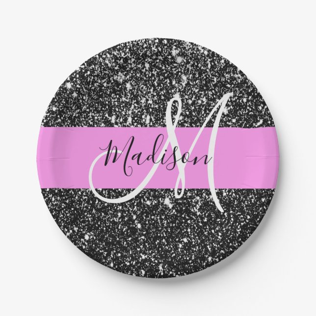 Glam Chic Pink Black Glitter Sparkle Name Monogram Paper Plate (Front)