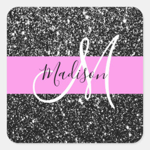 Glam Chic Pink Black Glitter Sparkle Name Monogram Square Sticker