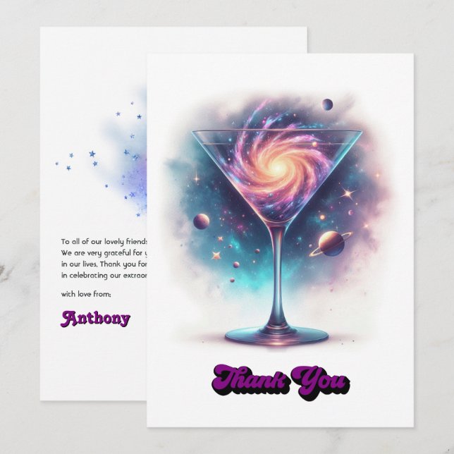 Glam Chic Retro Martini Galaxy Glass Design Thank You Card (Front/Back)