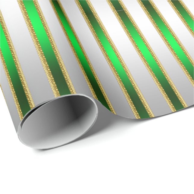 Glam Chic Shiny Silver and Green Stripes Wrapping Paper (Roll Corner)
