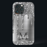 Glam Chic Silver Glitter Drips Monogram Metal iPhone 13 Pro Case<br><div class="desc">Elegant, modern, girly silver grey glitter drips grey metal custom personalized name and monogrammed iphone case. This design features silver grey glitter sparkle drips on grey brushed metal background with custom personalized monogram initial and first name text template. Perfect feminine gift for girl and women who loves pretty trendy glam...</div>