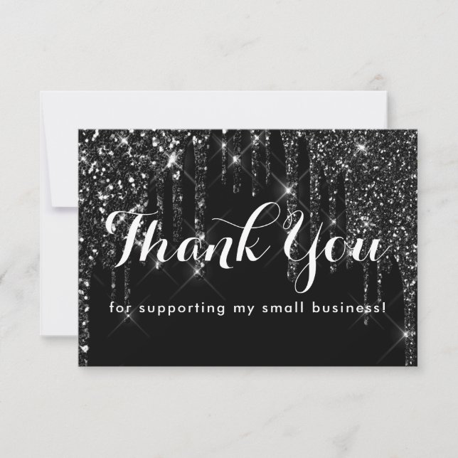 Glam Classy Black Glitter Drips Thank You Card (Front)