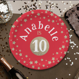 Glam Cool Red And Gold Glitter Stars Kid Birthday Paper Plate