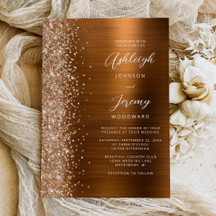 Glam Copper Brushed Metal Glitter Wedding Invitation