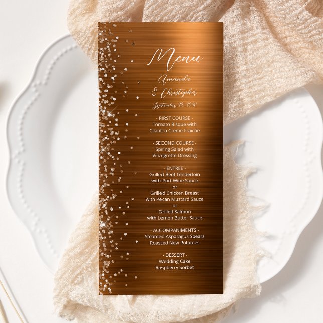 Glam Copper Glitter Brushed Metal Wedding Menu (Creator Uploaded)