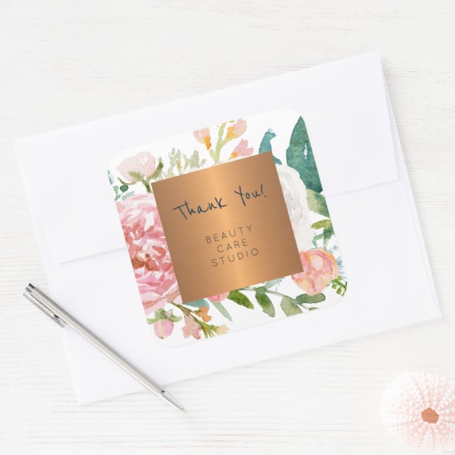 Glam copper metallic pastel peonies thank you square sticker (Envelope)