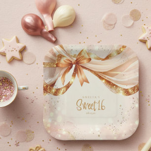Glam Coquette Bows Sweet Sixteen Gold Blush ID1289 Paper Plate