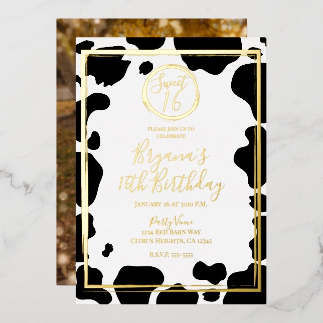 Glam Cow Print Modern Border Wedding Photo Gold (Front/Back)