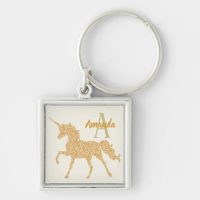 Glam Custom Monogram and Name Gold Glitter Unicorn Keychain (Front)