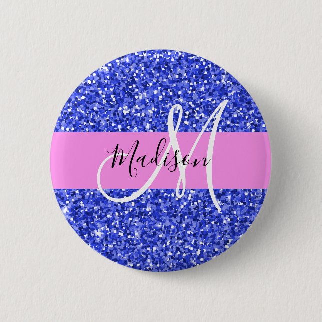 Glam Dark Blue Pink Glitter Sparkles Name Monogram 2 Inch Round Button (Front)