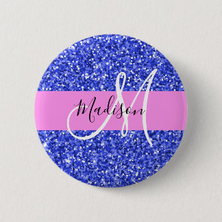 Glam Dark Blue Pink Glitter Sparkles Name Monogram 2 Inch Round Button