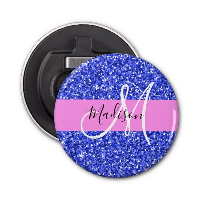 Glam Dark Blue Pink Glitter Sparkles Name Monogram Bottle Opener (Front)