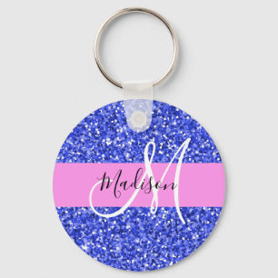 Glam Dark Blue Pink Glitter Sparkles Name Monogram Keychain