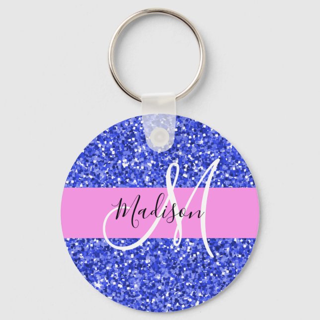 Glam Dark Blue Pink Glitter Sparkles Name Monogram Keychain (Front)