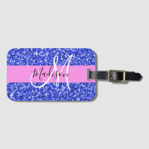 Glam Dark Blue Pink Glitter Sparkles Name Monogram Luggage Tag