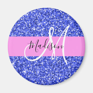 Glam Dark Blue Pink Glitter Sparkles Name Monogram Magnet