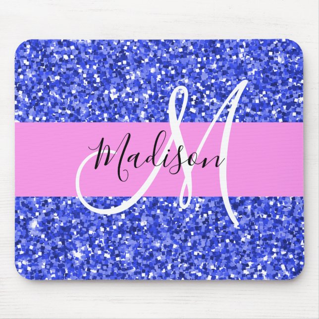Glam Dark Blue Pink Glitter Sparkles Name Monogram Mouse Pad (Front)