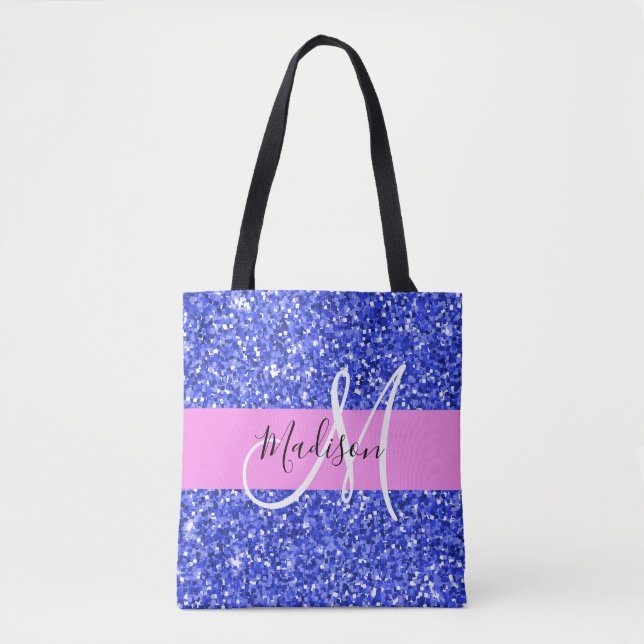 Glam Dark Blue Pink Glitter Sparkles Name Monogram Tote Bag (Front)