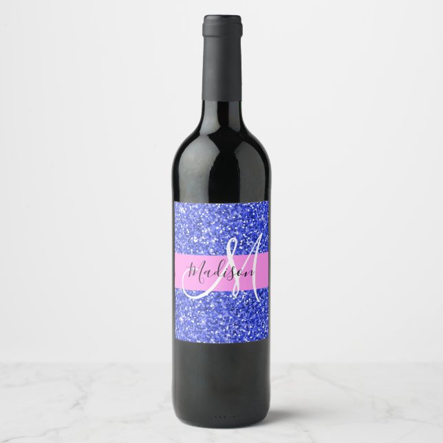 Glam Dark Blue Pink Glitter Sparkles Name Monogram Wine Label (Front)