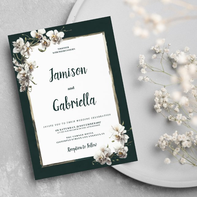 Glam dark green gold white orchid flower Wedding  Invitation (Glam dark green gold white orchid flower Wedding)