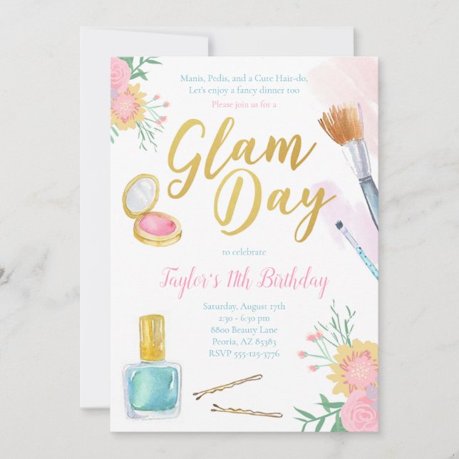 Glam Day Spa Party Birthday Invitation (Front)