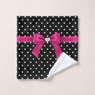 Glam Deep Pink Bow-White Polka Dots-Black Bath Towel Set
