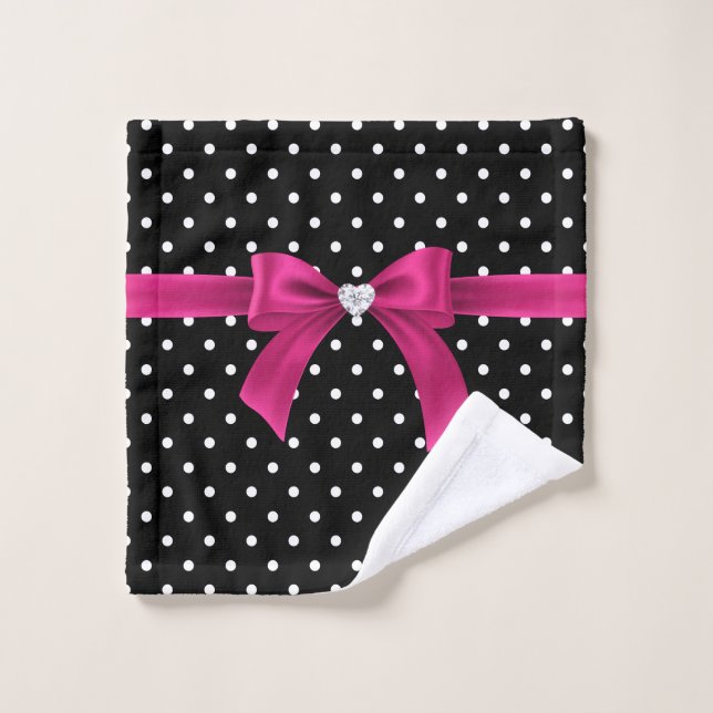 Glam Deep Pink Bow-White Polka Dots-Black Bath Towel Set (Wash Cloth)