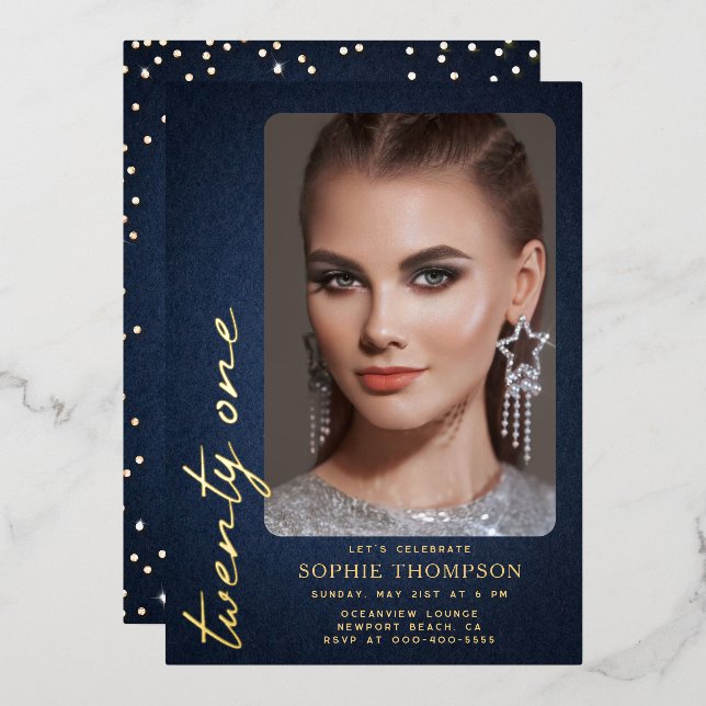 Glam Denim Diamonds Blue Gold 21st Birthday Photo (Front/Back)